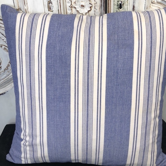 Home Decor Blue and Cream Awing Stripes Accent Pillow With Feather Insert - Picture 4 of 7